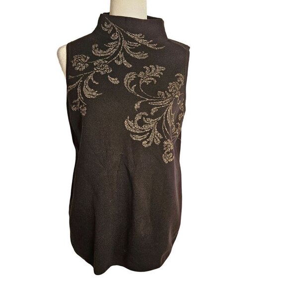 Chico's Lurex Scroll Print Sweater Tank Gold Detail Sleeveless Size 2 US Large - Picture 1 of 10